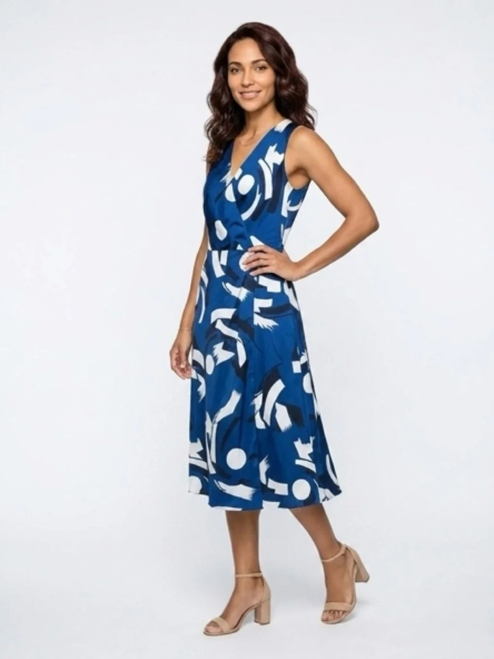 Ralph Lauren Blue and White Abstract Sleeveless V‑Neck Midi Dress - Picture 2 of 12